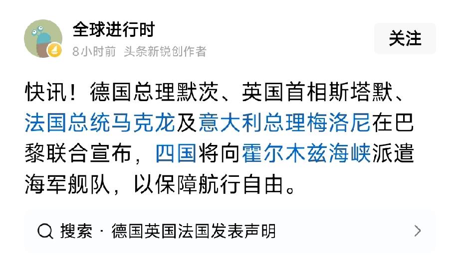 快讯：欧洲四国联手！德英法意宣布派舰队赴霍尔木兹，排除美国、中立护航
 
当地时