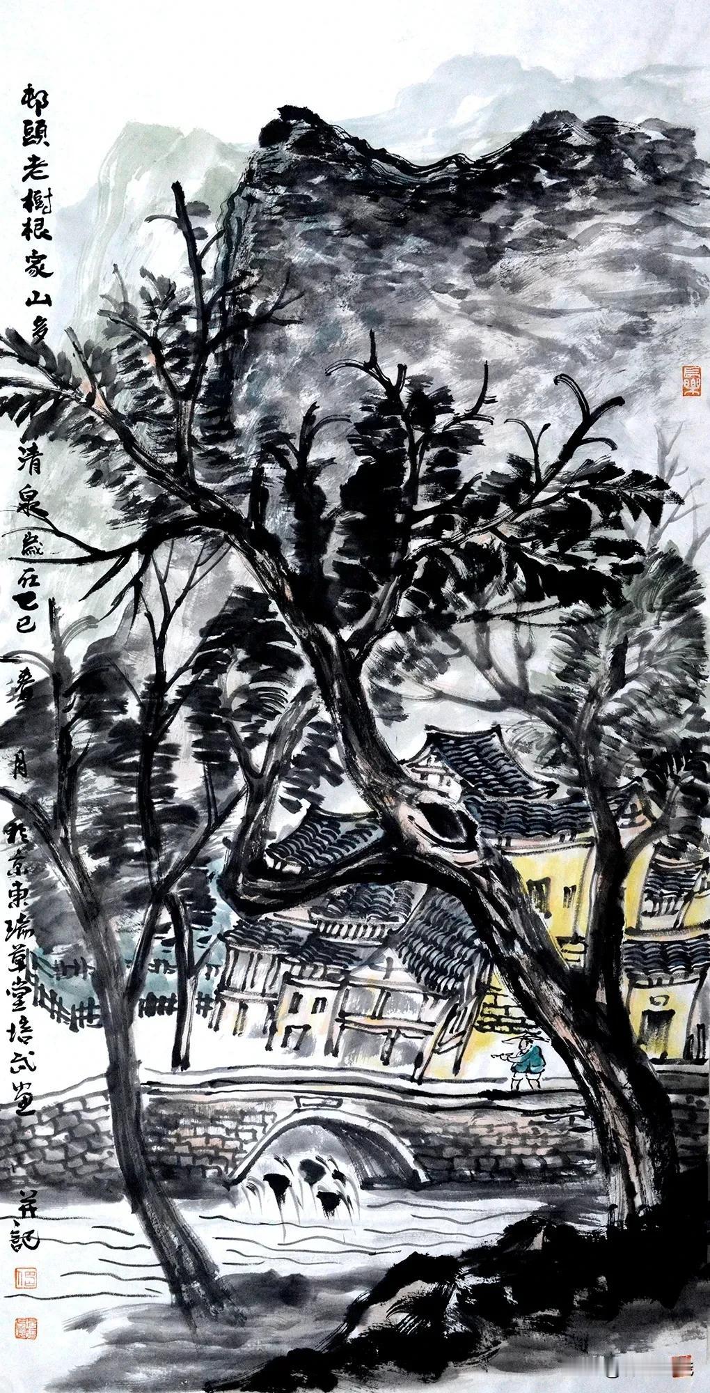 张培武老师绘画作品欣赏
村头老树根，家山多清泉 中国画 138X68cm