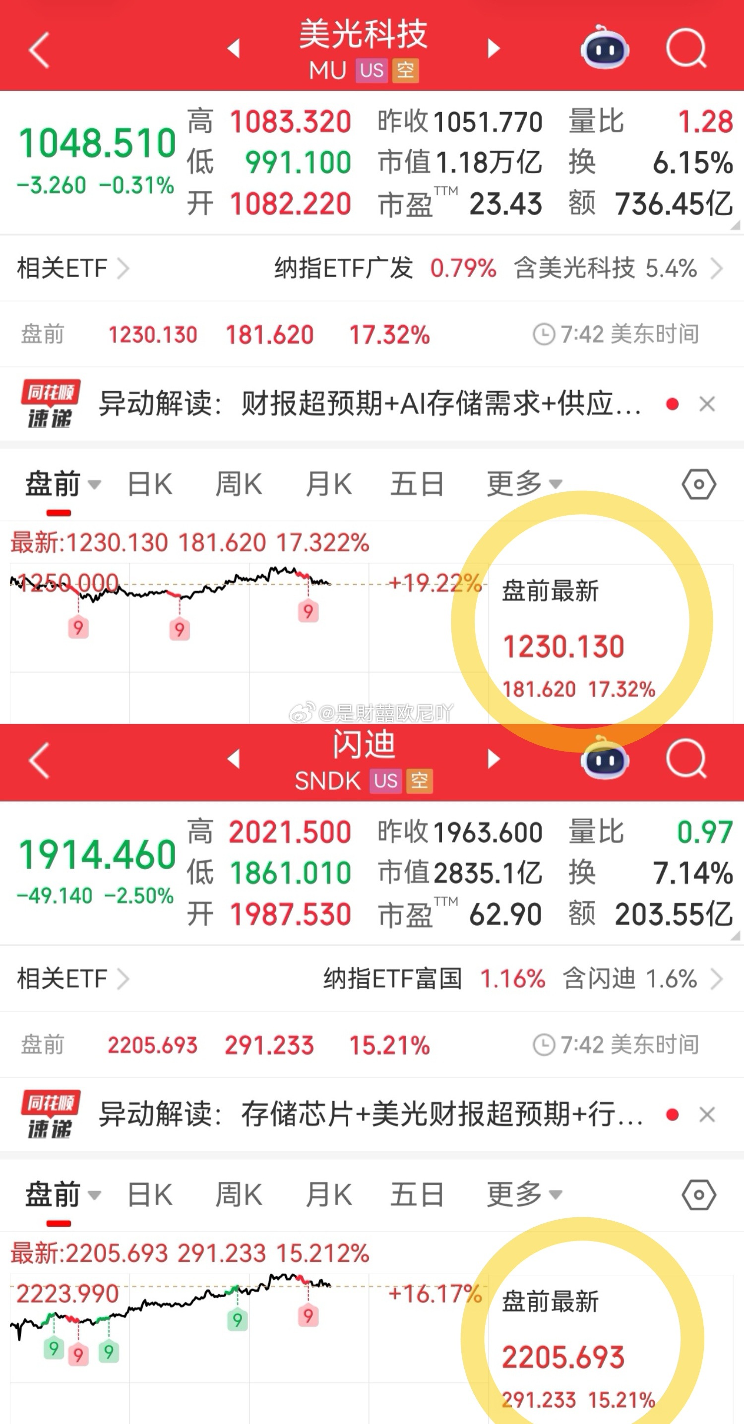 闪迪和美光盘前大涨。