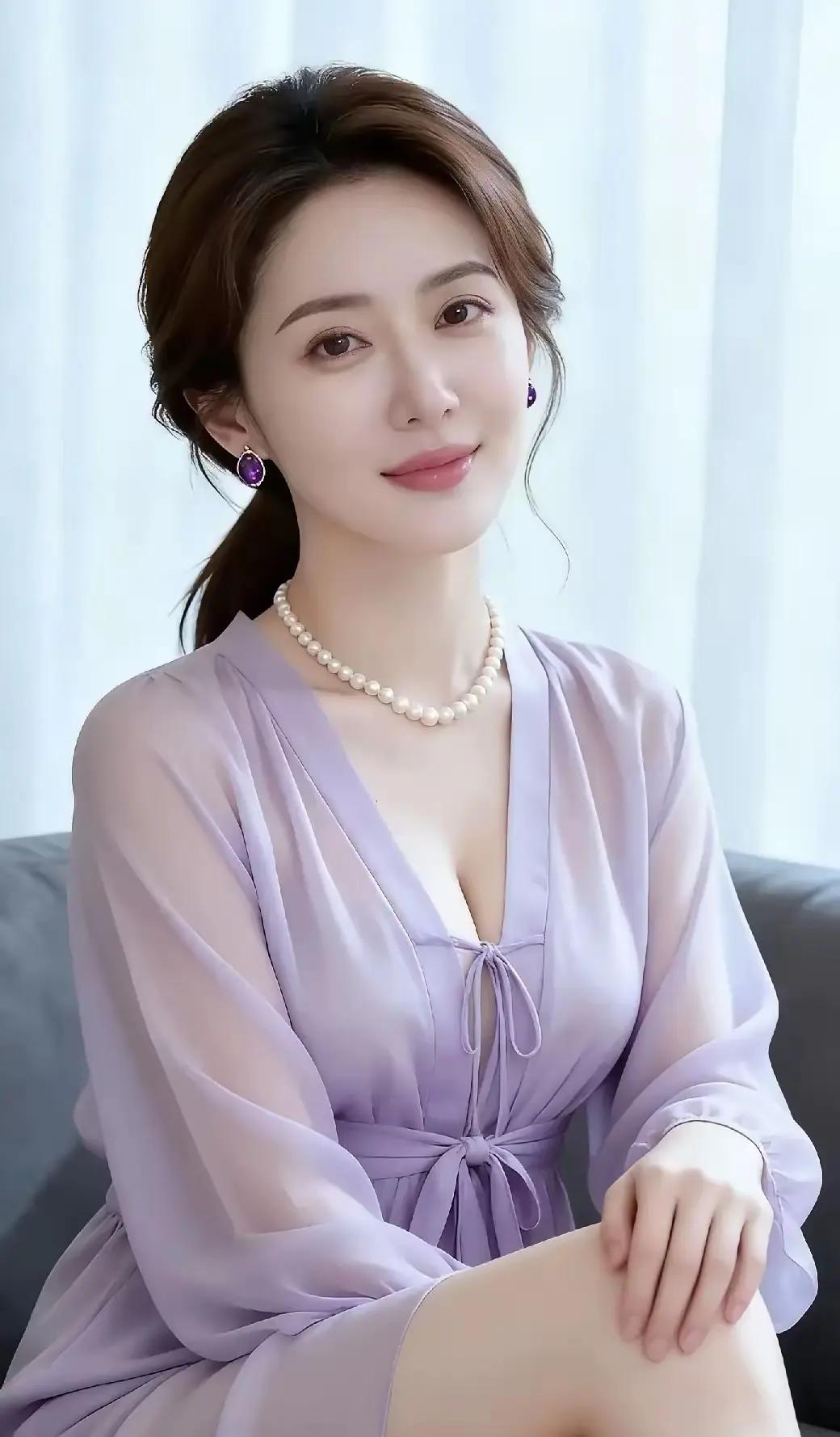 紫衣美人倚，珠光映笑颜。