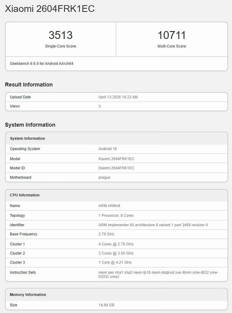 REDMI K90 Max 手机现身 GeekBench 跑分库，6.6.0 版