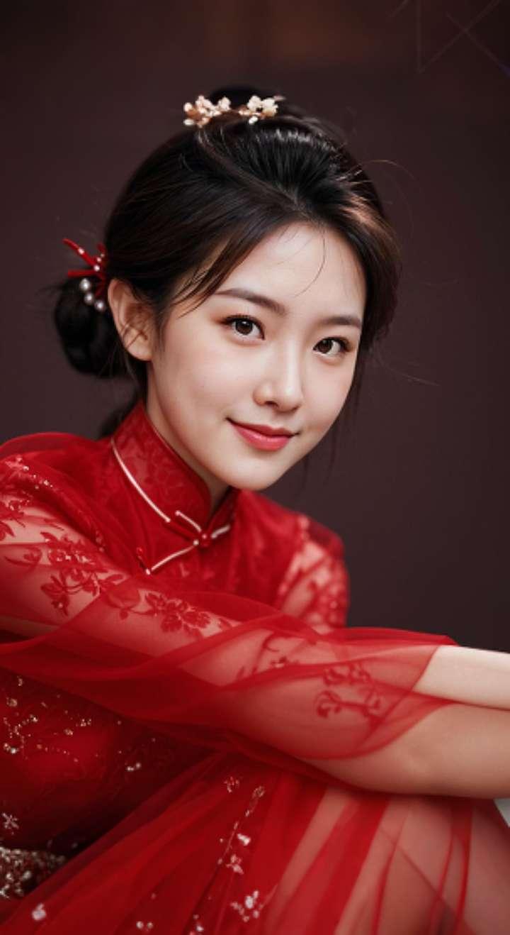 AI扩图 AI红裙浅笑