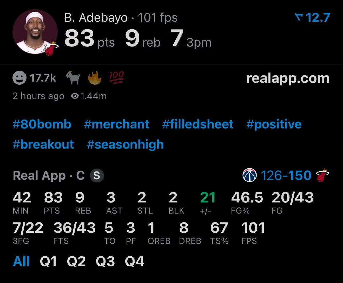 阿德巴约83分 所有人都在配合刷分，谁都知道，但谁都不说。纪录在刷新，篮球却越来