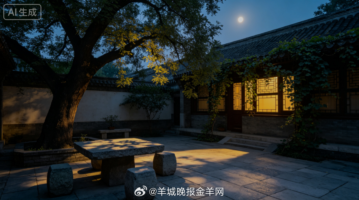 淡淡月光笼罩小院老槐树，青石桌面落满斑驳树影，晚风缓缓吹动枝叶。独坐院中静享静谧