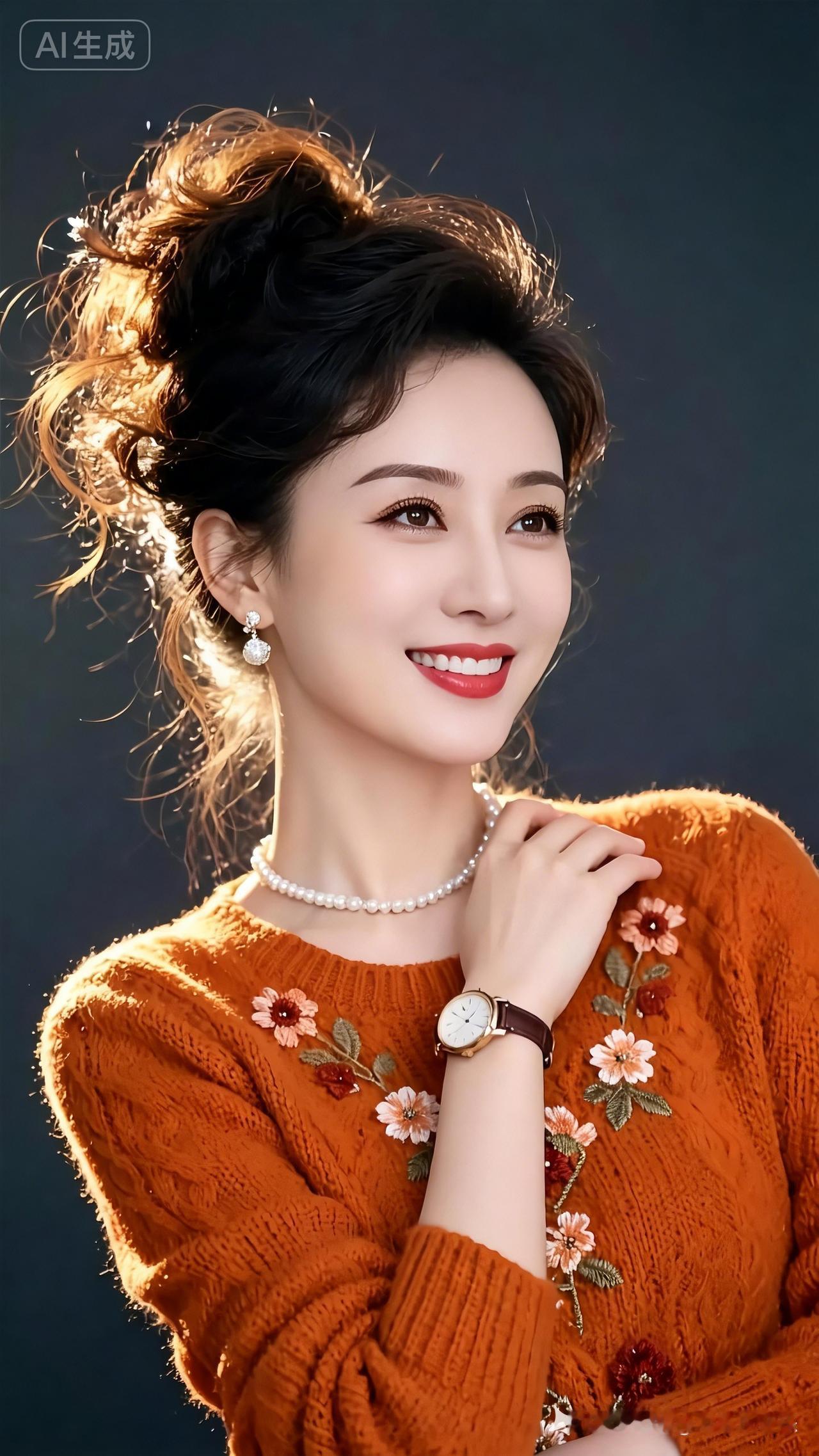 温柔微笑，暖心橙衣，珍珠项链，优雅气质。