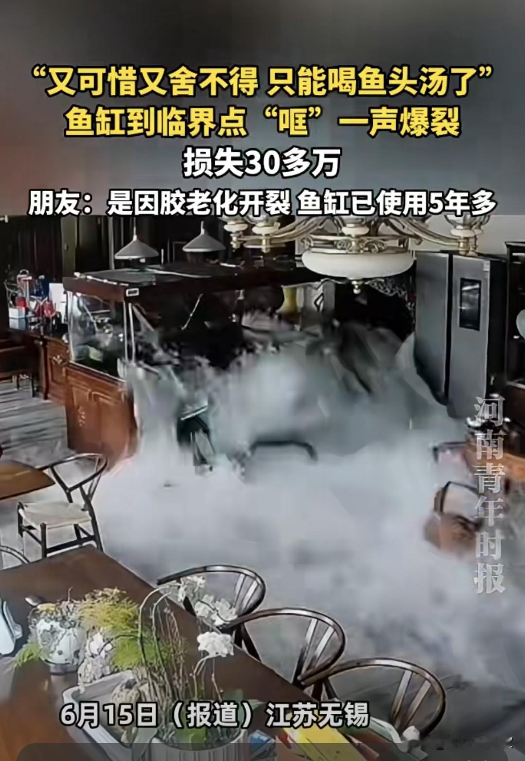 一声巨响，30万没了：意外从来不会打招呼。

江苏大哥的鱼缸爆了，亏了30多万，