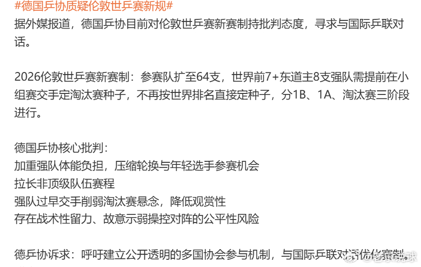 乒乓球德国乒协质疑伦敦世乒赛新规关于德国乒协的批判 ，我认为目前国际乒联已经进入