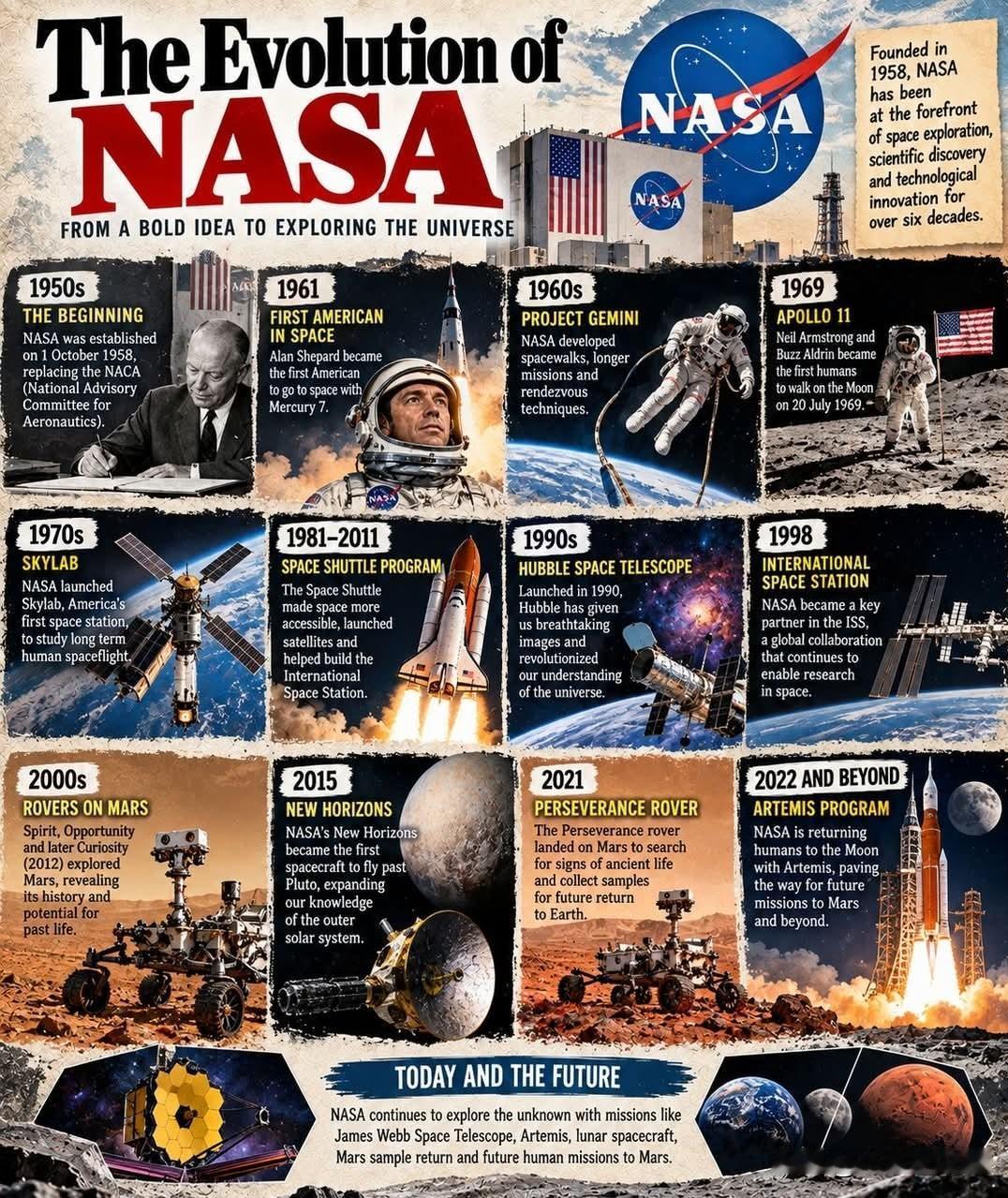 🚀美国国家航空航天局（NASA）发展历程
 
从太空时代开端，到登月、火星探测