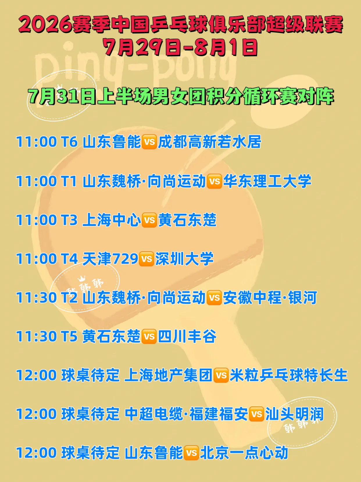 中国乒超联赛。7月31日上半场比赛详情