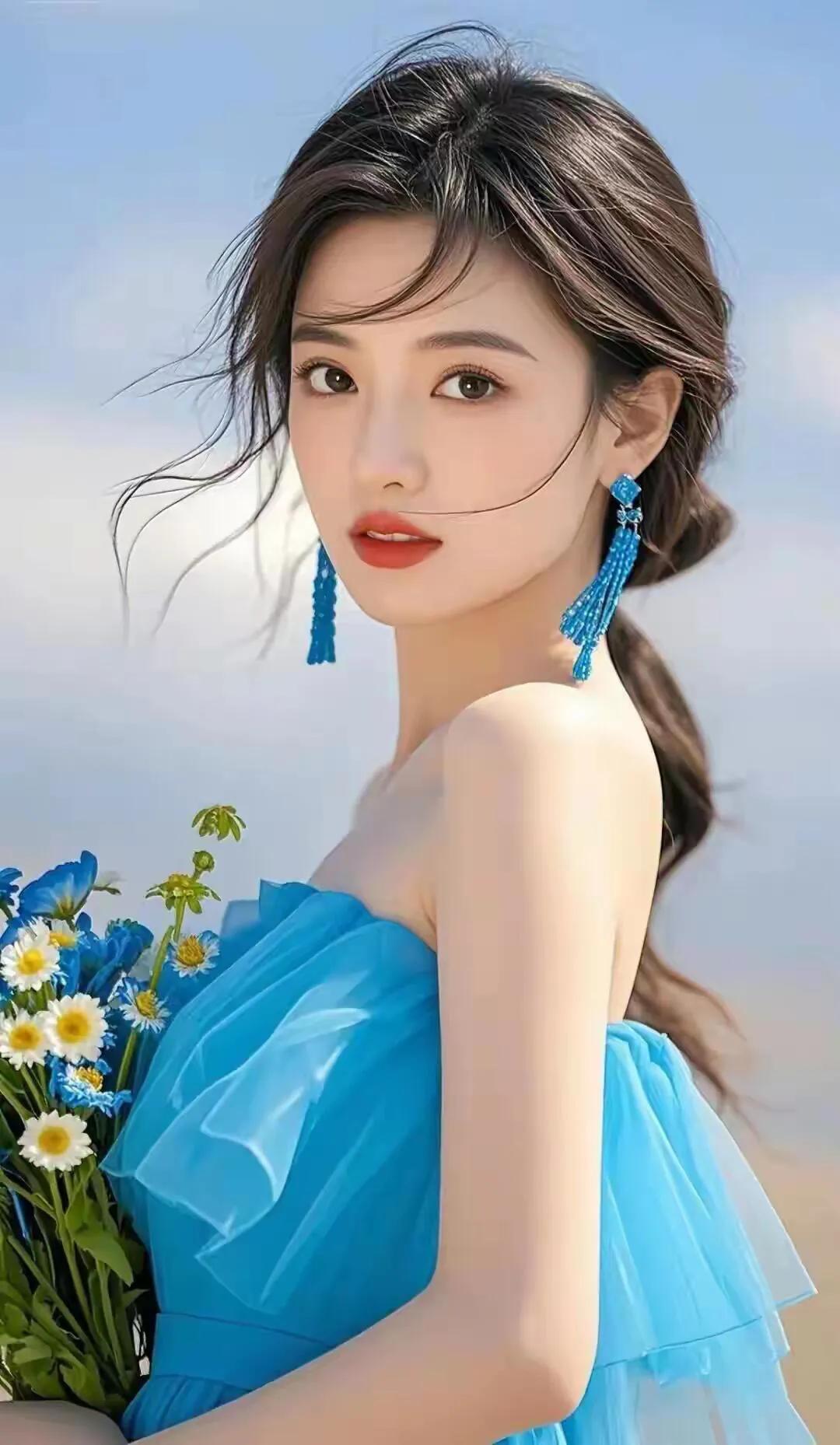 蓝色海洋，浪漫夏日，花束相伴，唯美少女