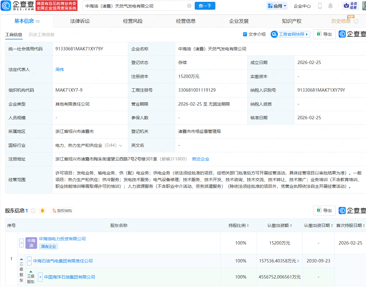 中国海油成立天然气发电公司