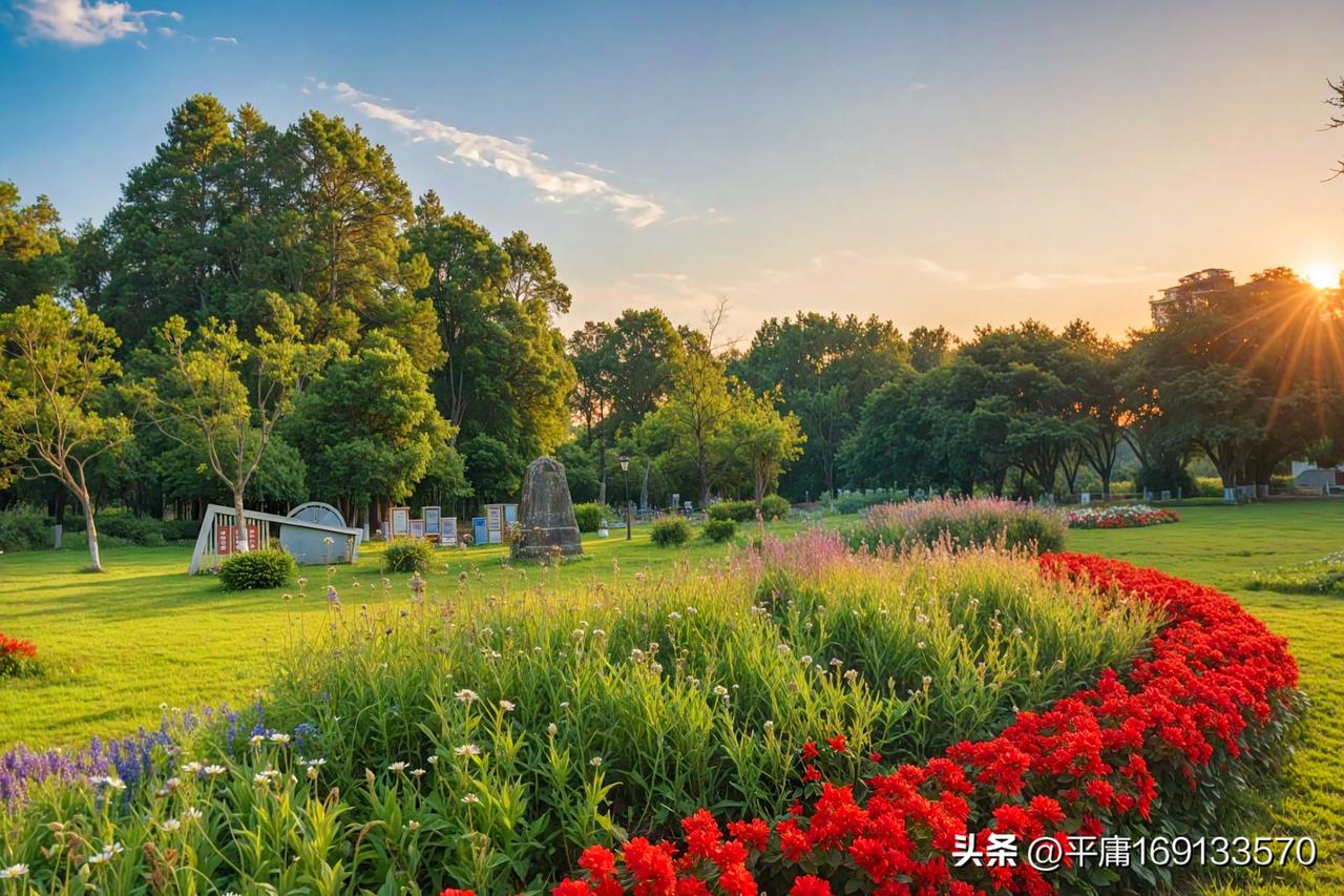 夕阳下的公园，真就是现实版的绝美画卷。就像五月初夏的银川森林公园，那芍药花海与绿
