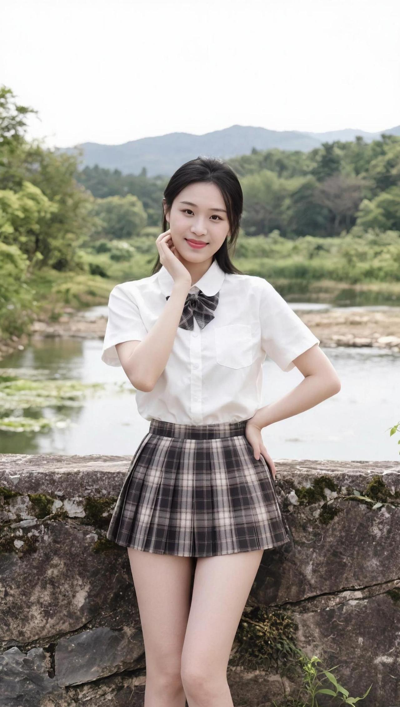 山野微风拂过裙摆，溪水低语映着云影。她站在石桥上，像一幅被时光轻轻铺开的画——白