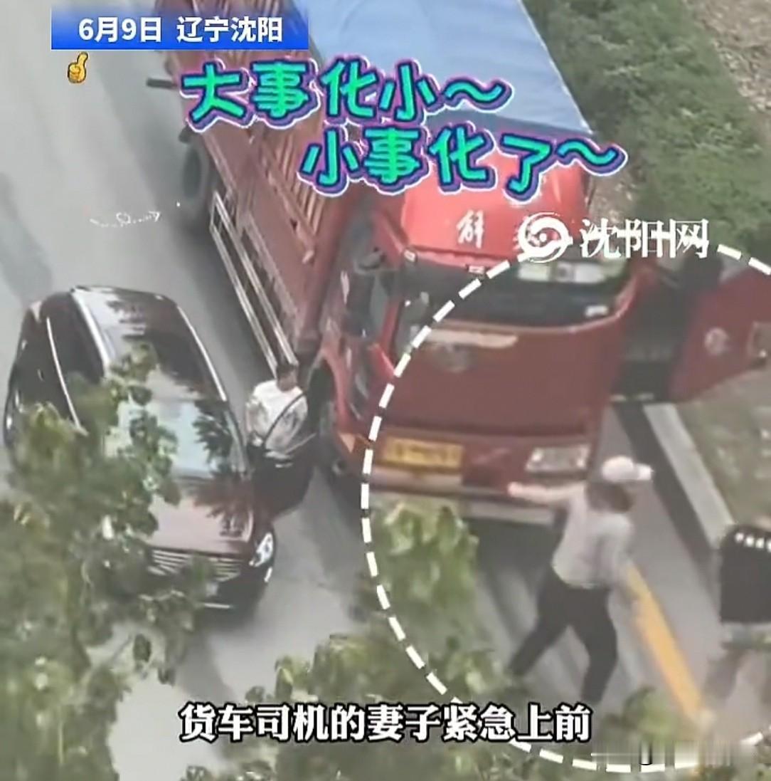 沈阳街头，货车和越野车抢道杠上了。眼看要动手，货车司机老婆冲下来，吼老公："别搞