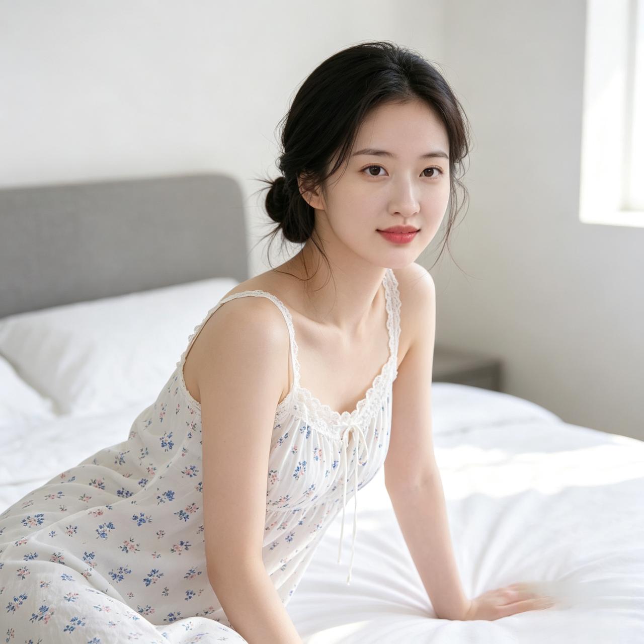 温柔少女，花裙飘逸，静卧床畔，岁月静好。温柔粉裙少女