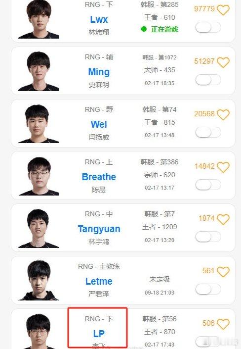 LP疑似参与RNG训练赛 Lwx独自Rank更添几分佐证！近日有网友在OBGG上