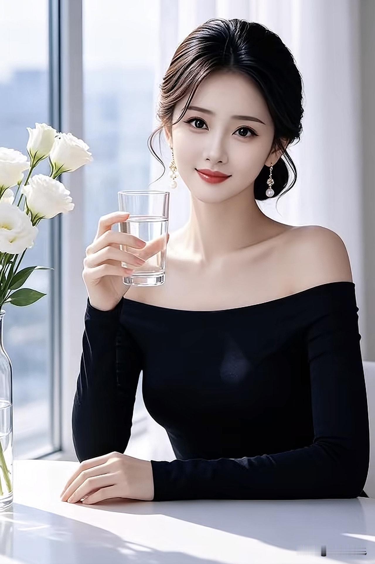 优雅黑裙，清新白花，一杯水，静享美好时光。淡雅蓝裙照 黑裙知性照 黑白裙穿搭展示