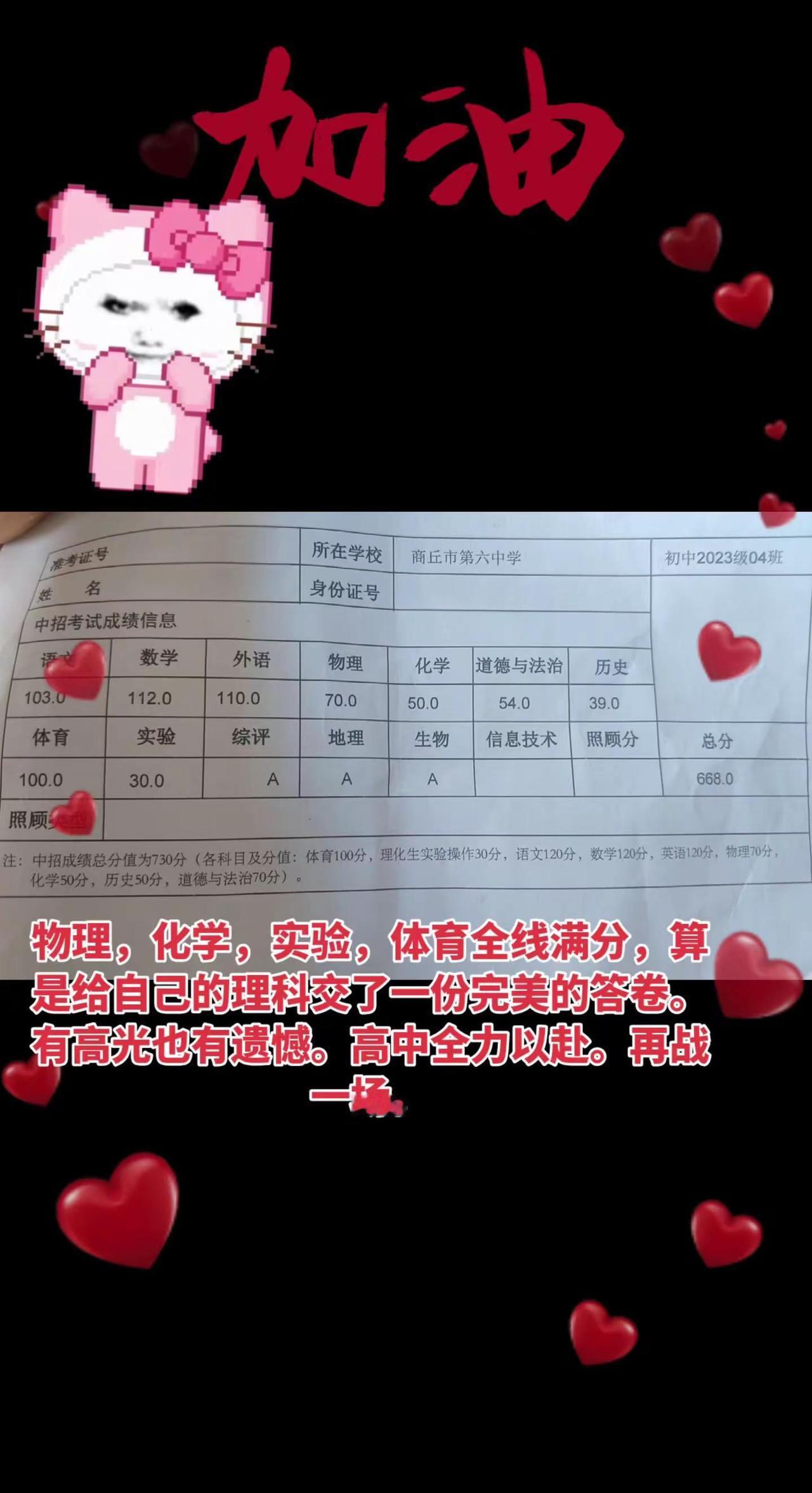 物理，化学，实验，体育全线满分，算是给自己的理科交了一份完美的答卷。有高光也有遗