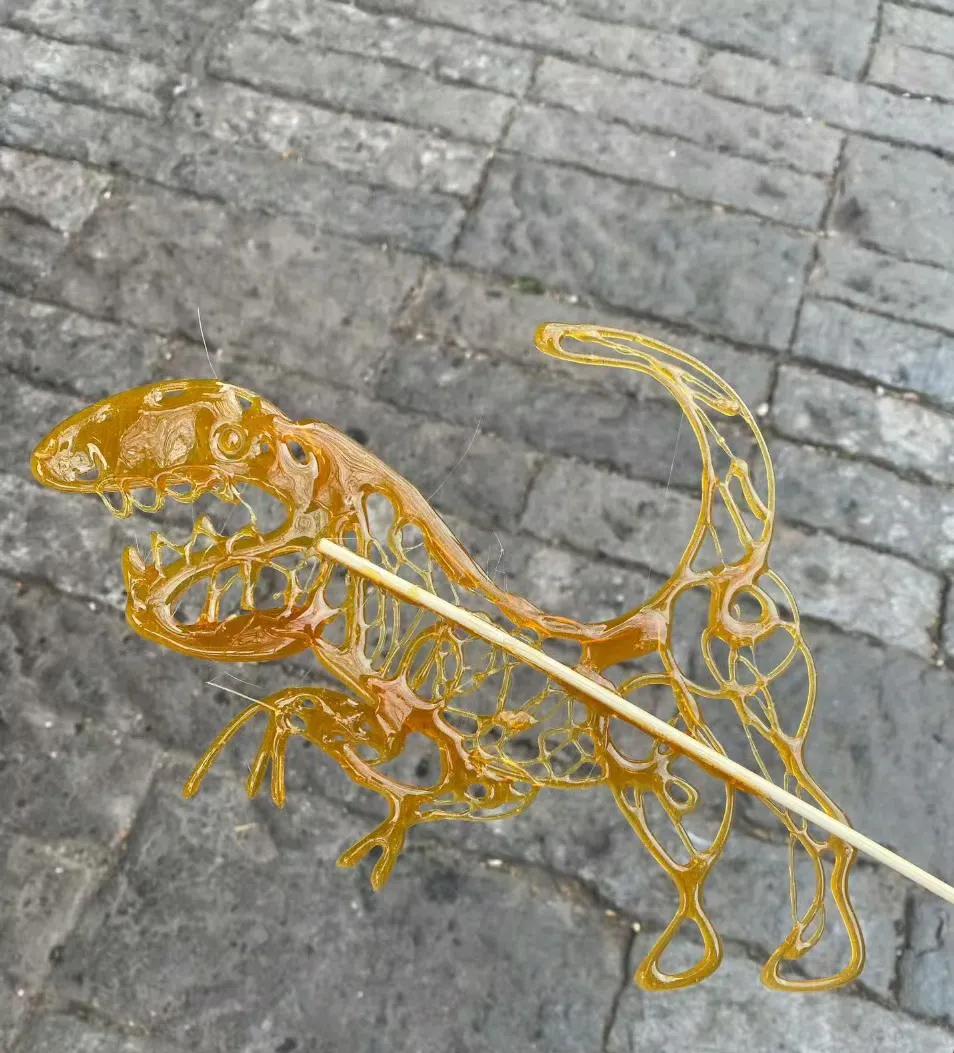 在路边看到画糖人的，就买了一个小恐龙的，师傅给我的时候很自豪，他说他给我升级成霸