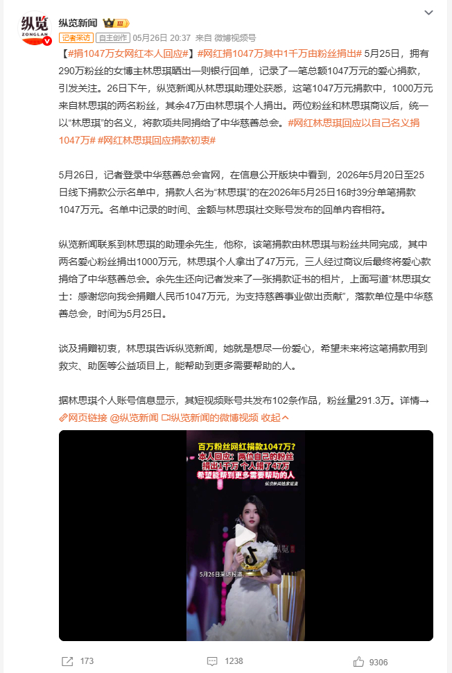 网红捐1047万其中1千万由粉丝捐出 5月25日，拥有290万粉丝的女博主林思琪
