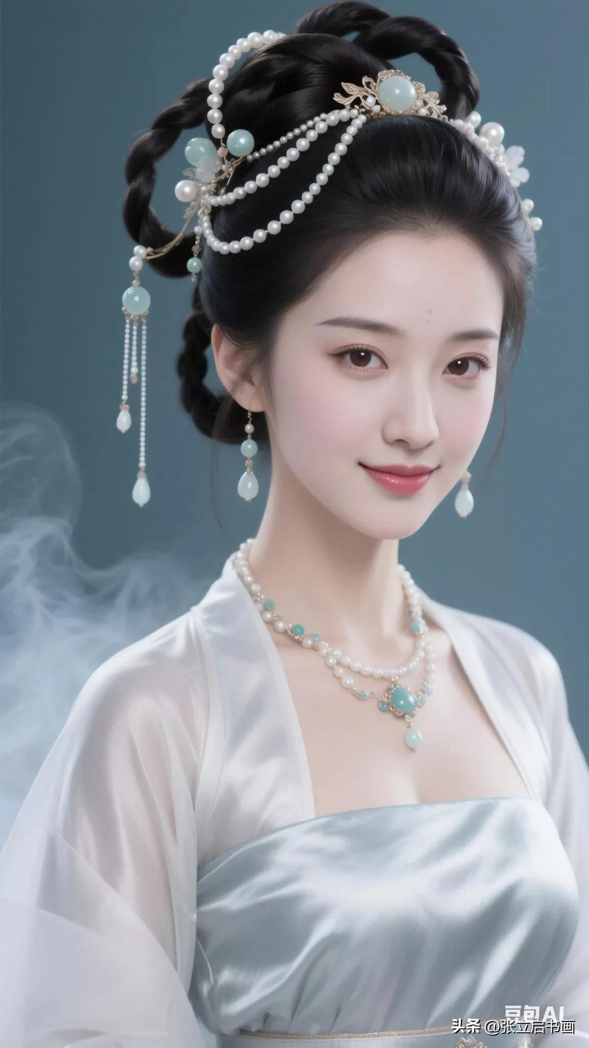 古风美女，珠光宝气，惊艳了时光。张立启原创书画AI作品古仕女发髻集锦第395期首