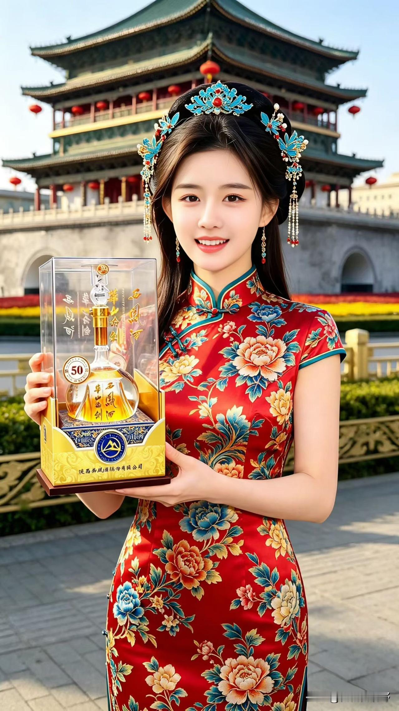 穿越时空的旗袍美人，手持华山论剑西凤酒，感受历史的韵味。美女旗袍照 旗袍美人照 