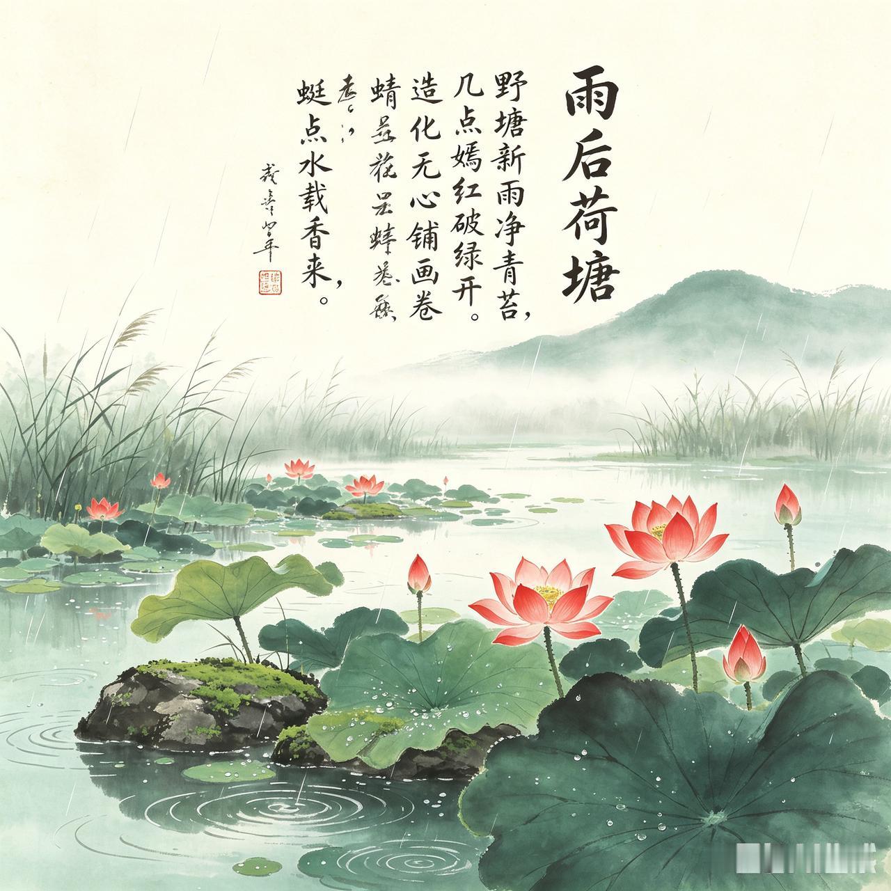 头条创作训练营 《雨后荷塘》乐韵晓诗原创诗词:
野塘新雨净青苔，
几点嫣红破绿开