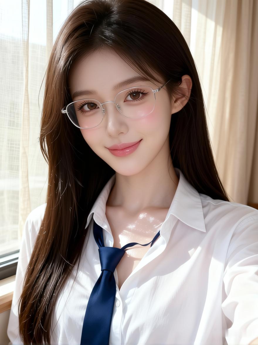 阳光下的甜美少女，眼镜和微笑的完美搭配！😊✨
