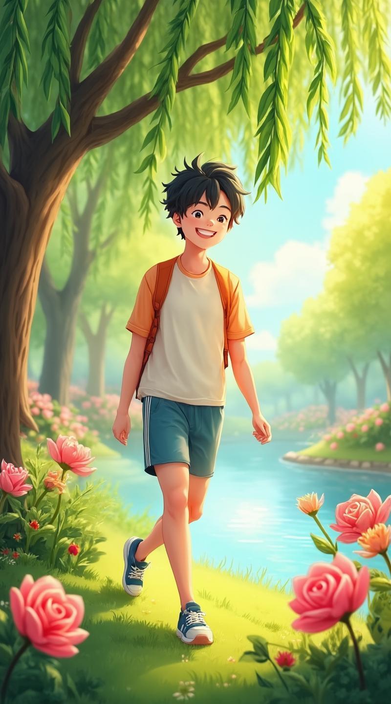 春光无限美妙，快乐让人永葆青春；瞧瞧河边的垂柳，踩踩地上的嫩草；赏赏花丛中的繁花