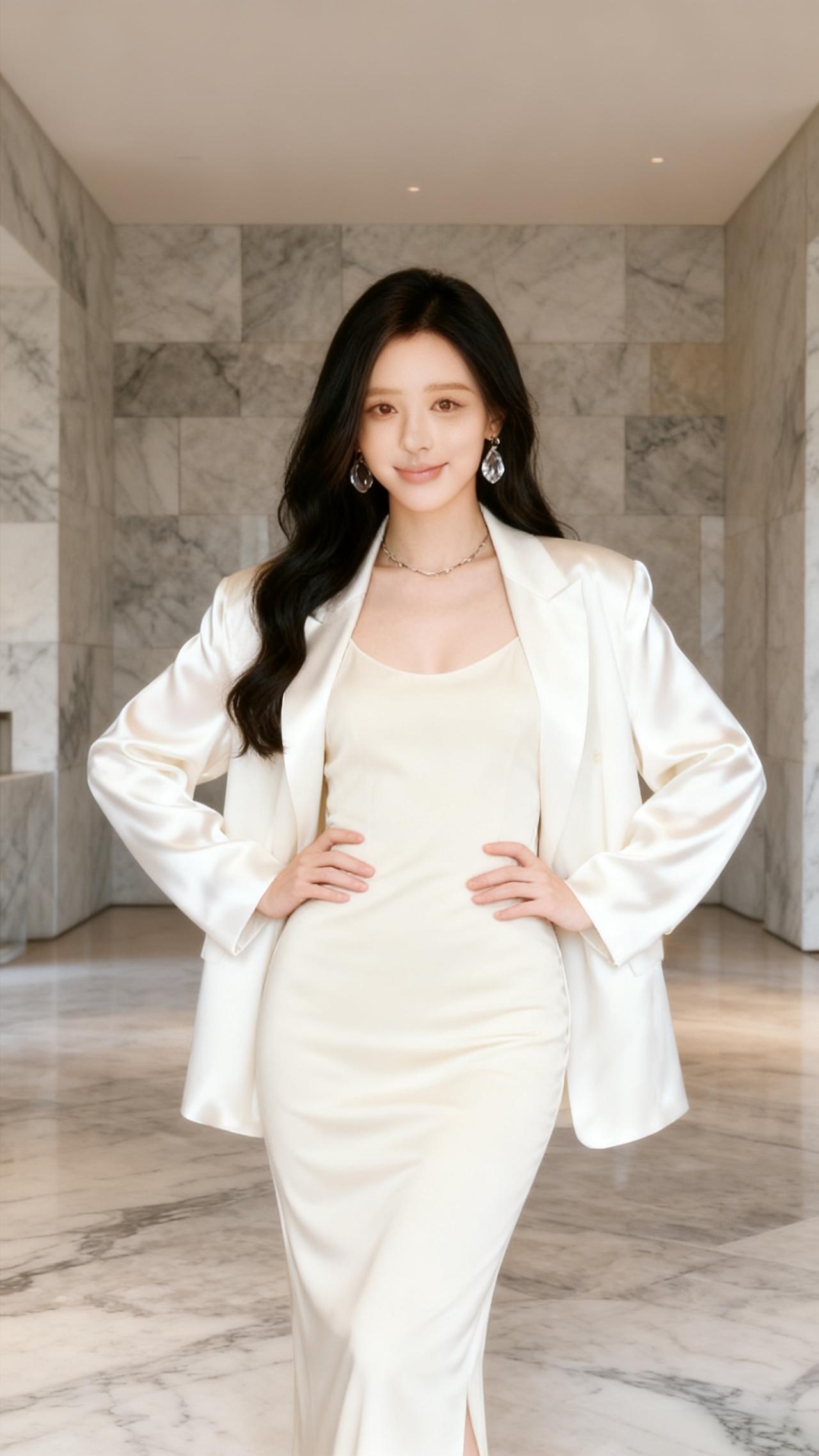 内搭是一件米白色修身吊带裙，裙身线条流畅，侧开叉设计，长度及膝的剪裁兼顾了优雅与