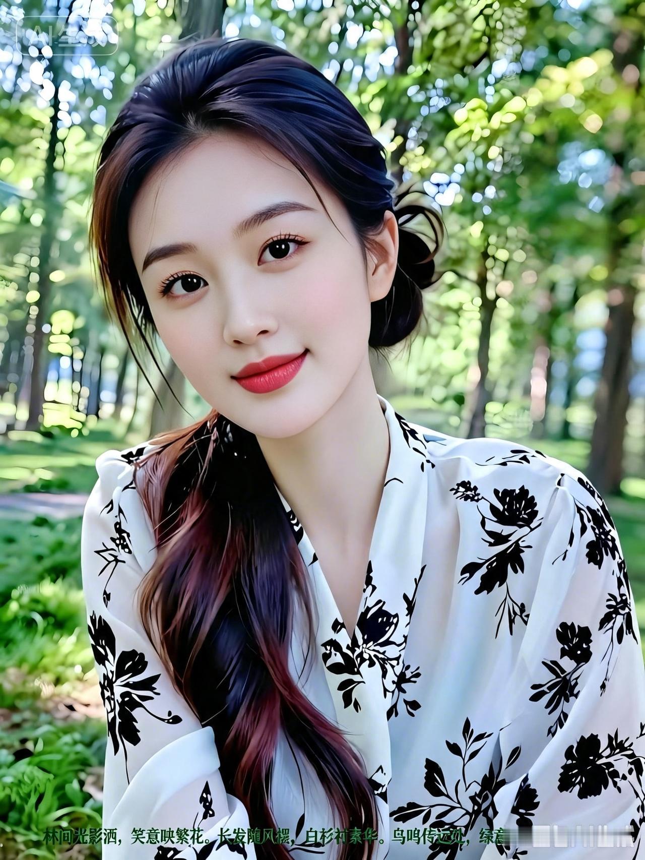 林间佳人(潜力作者)
 
林间绿树映清颜，长发轻柔落肩前。
素衣墨花添雅致，明眸