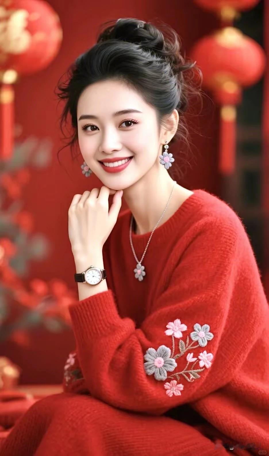 红妆浅笑映华堂，
梅蕊新裁袖底香。
最是马年春色好，
合家欢乐喜气洋。