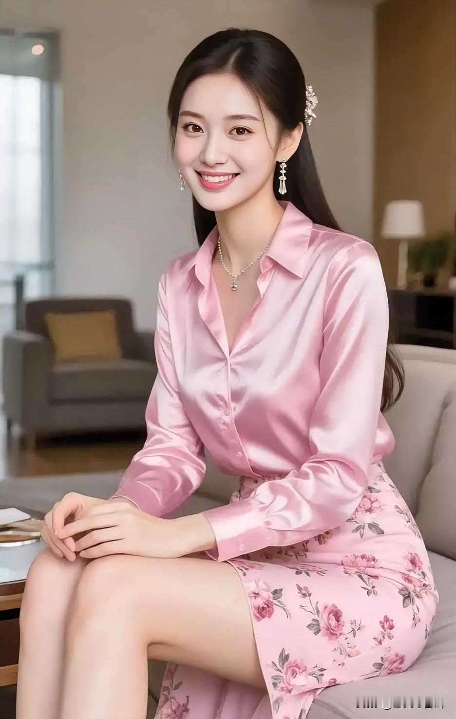 柔粉铺陈，她坐成室内的一抹春日。

缎面衬衫泛着月光似的柔亮，裙上繁花吻过风的轨