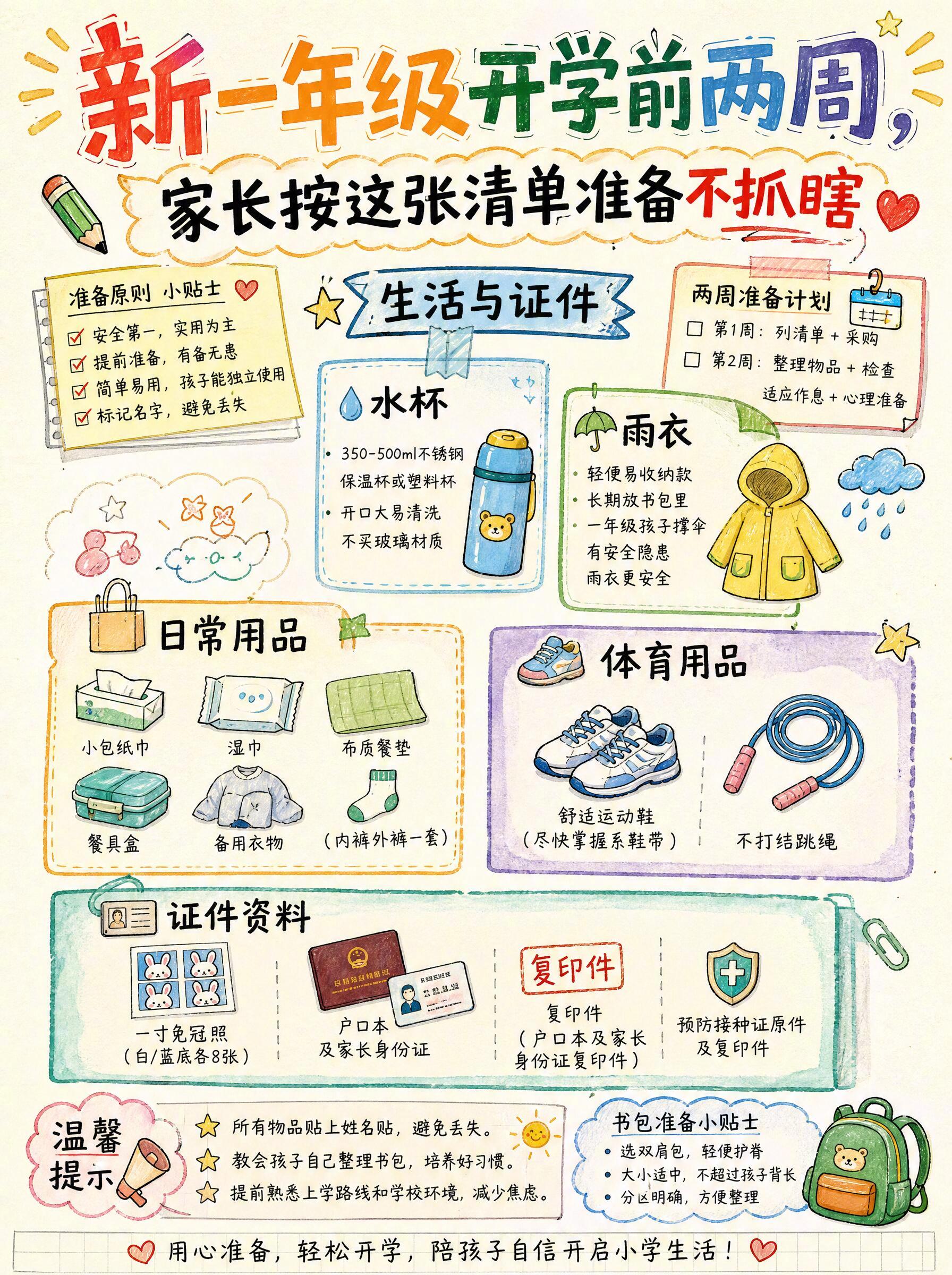 我家的种草清单宝贝成长守护计划 一年级开学前两周，家长可以按这张清单准备~