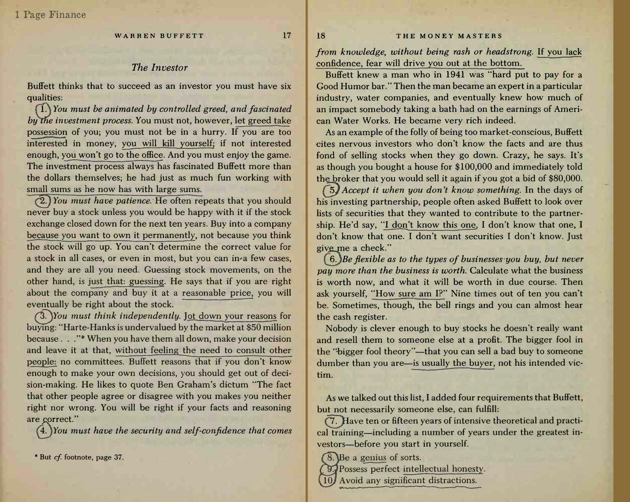 沃伦・巴菲特定义的 “成功投资者必备的 10 项核心品质”（前 6 项为巴菲特本