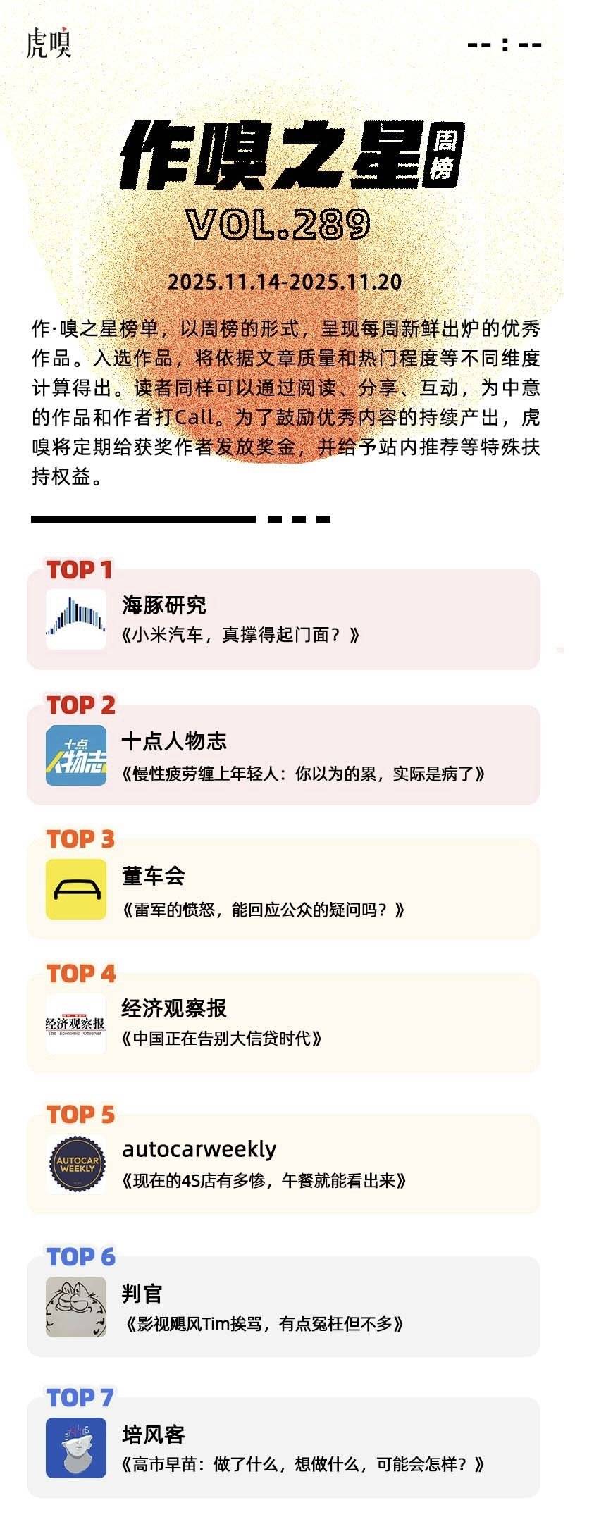 虎嗅[作·嗅之星]周榜第289期