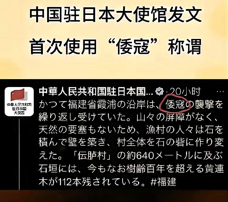 日本彻底炸锅了！
中国驻日大使发文称日本为倭寇，
说白了，这可能是第一次让国人大