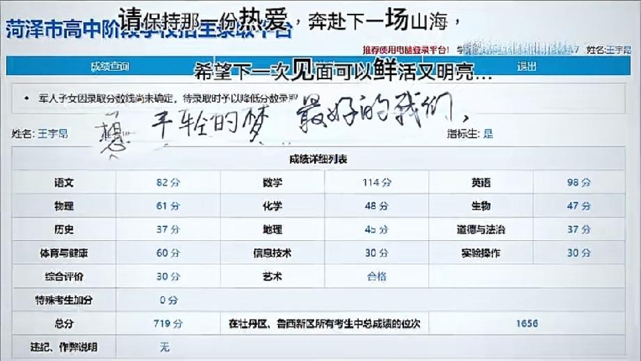 2026年中考菏泽两区719分，位次1656。