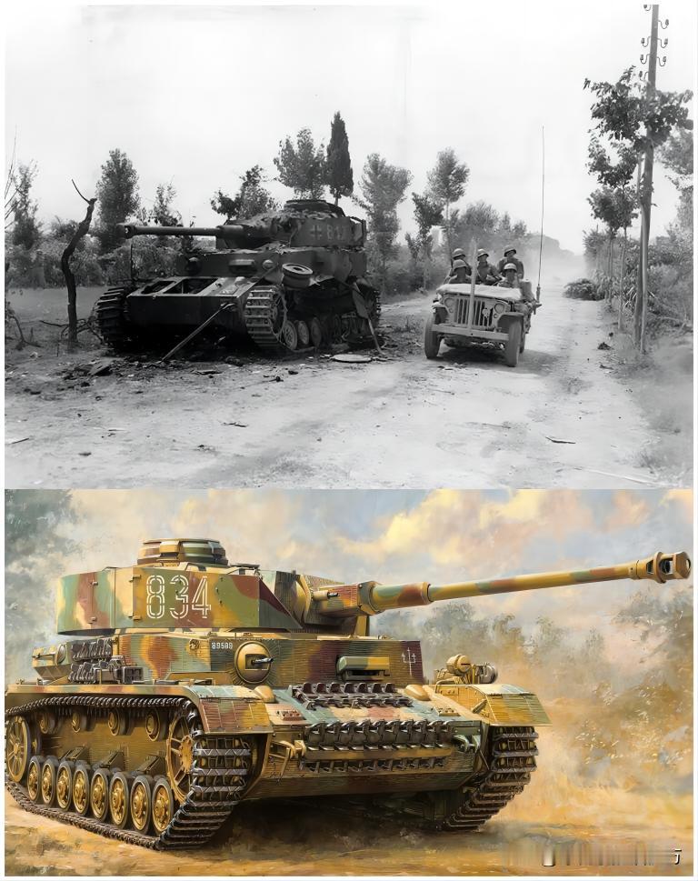 1944年7月，意大利战场，一辆美军吉普车驶过一辆德军四号坦克的残骸。德制装甲战