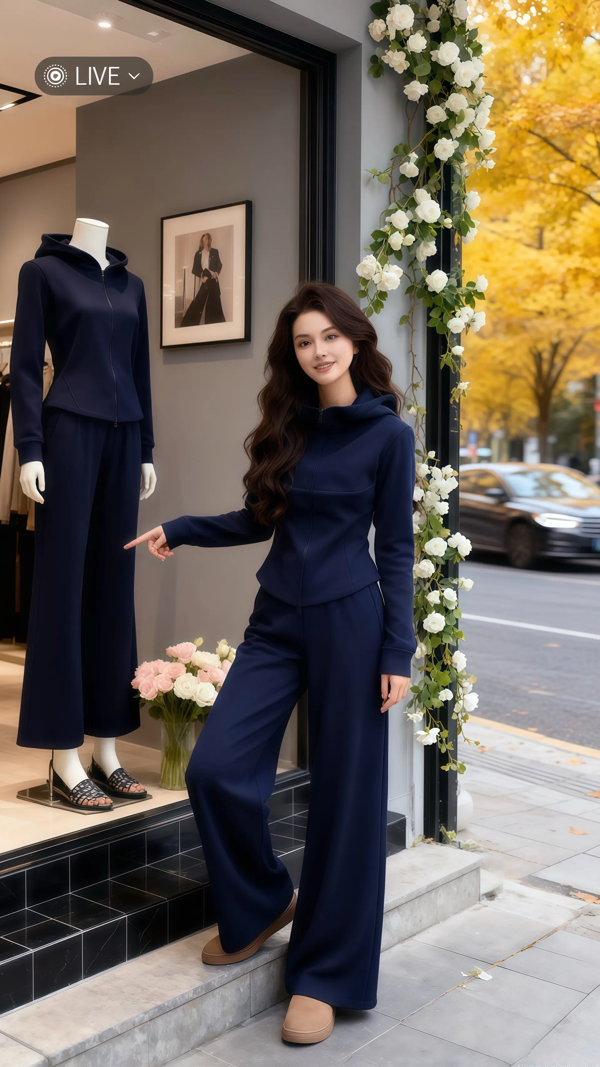 她身着深蓝色时尚连帽卫衣休闲阔腿裤两件套，在轻奢女装店的落地窗前，将秋...