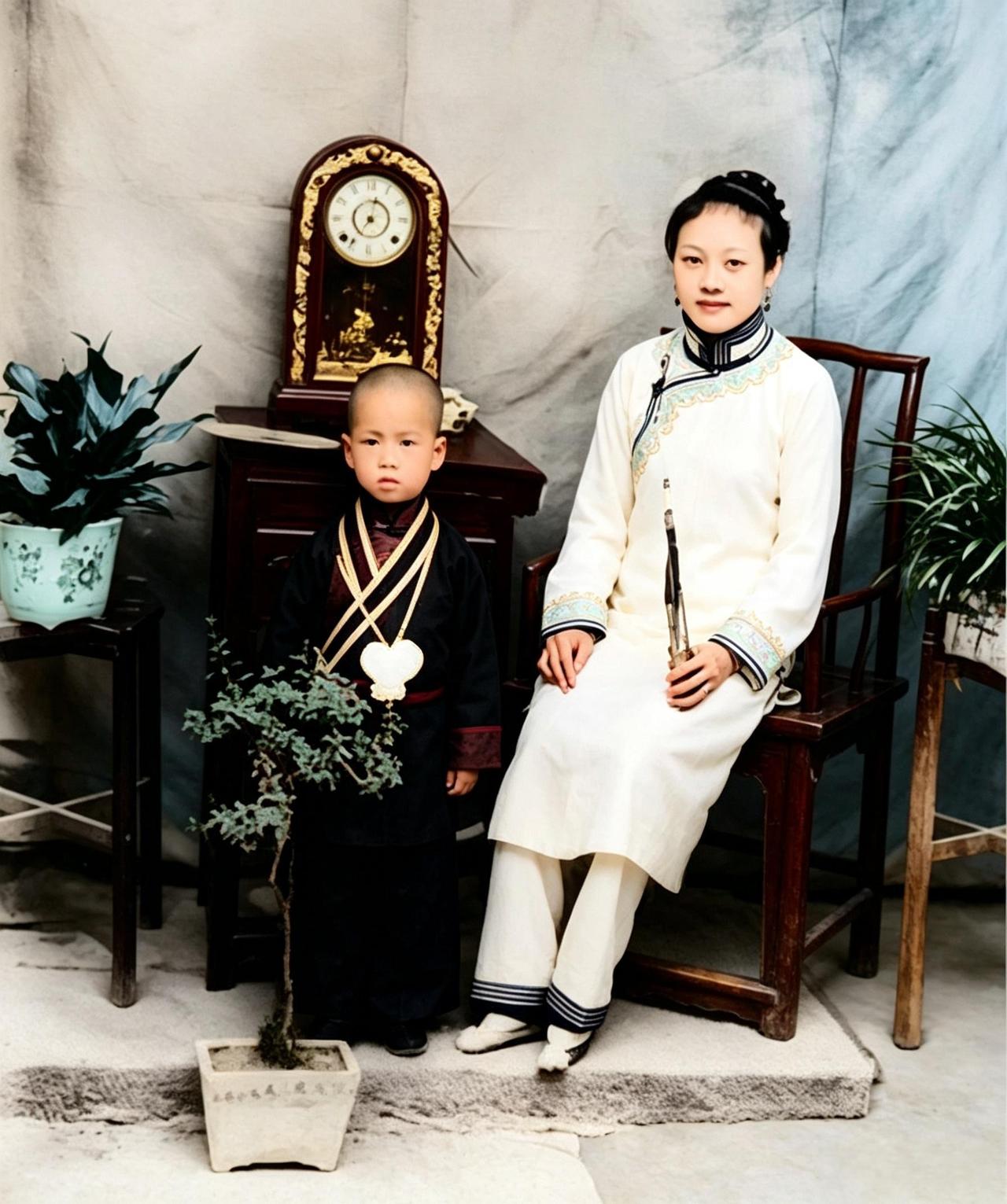 一九零五年，一位面容清秀的妇人携幼子拍下了一帧合影。从她身上轻薄的衣衫不难判断，