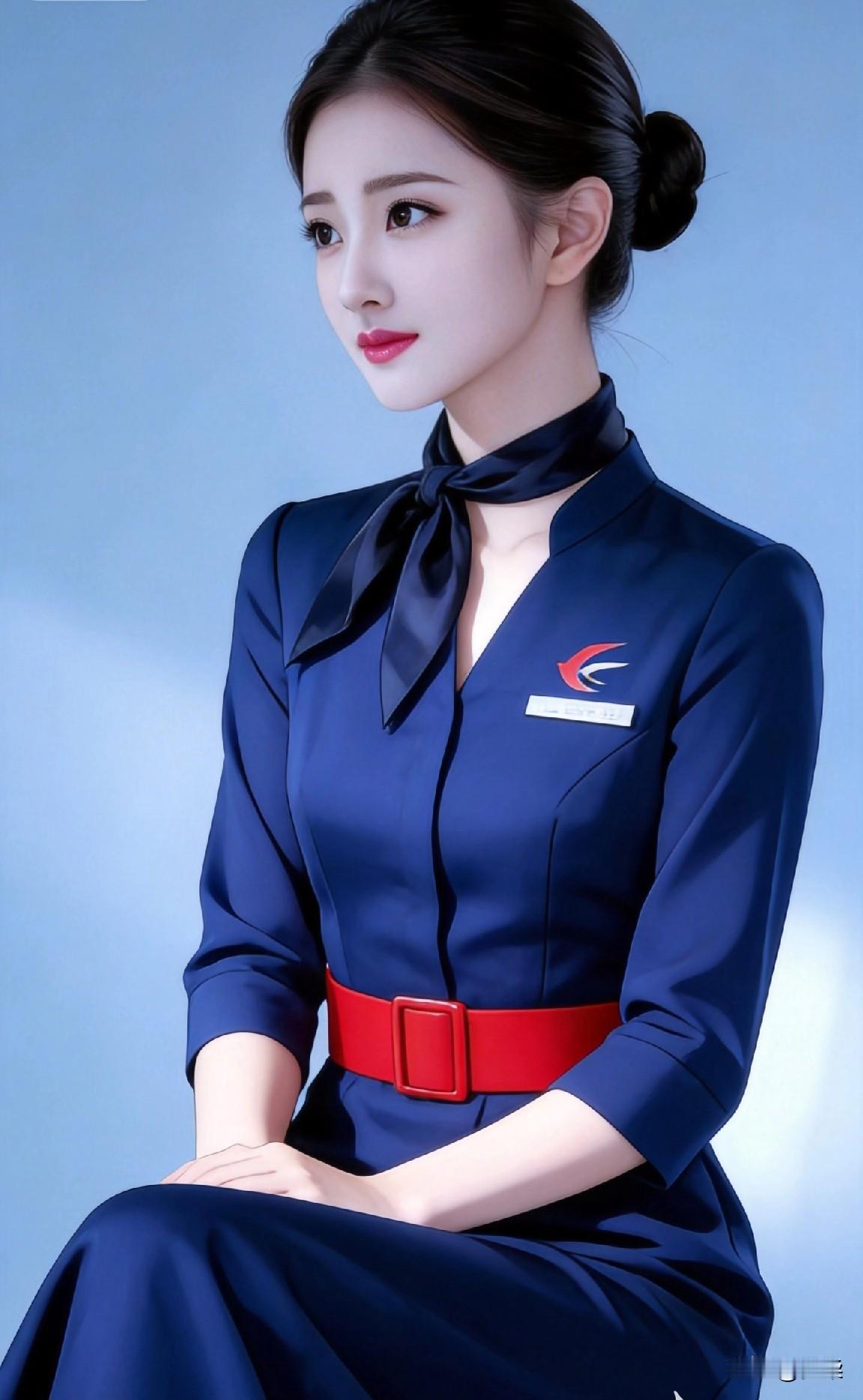 东航空姐的优雅气质，蓝白相间，尽显职业魅力！
