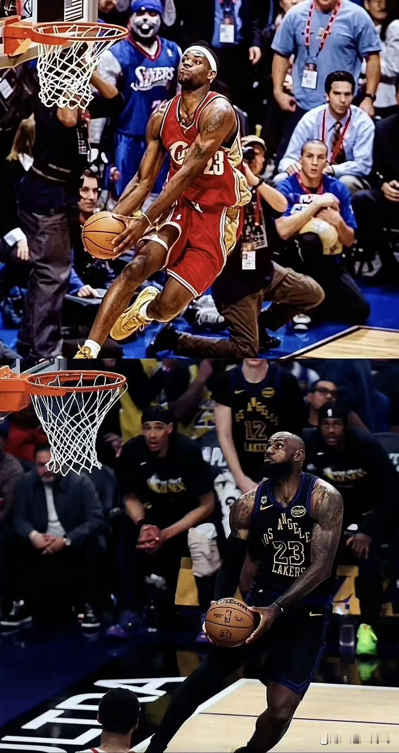 20岁左右时期的小皇帝跟现如今41岁勒布朗，以前能跳起来平筐扣篮，现在虽然不能平