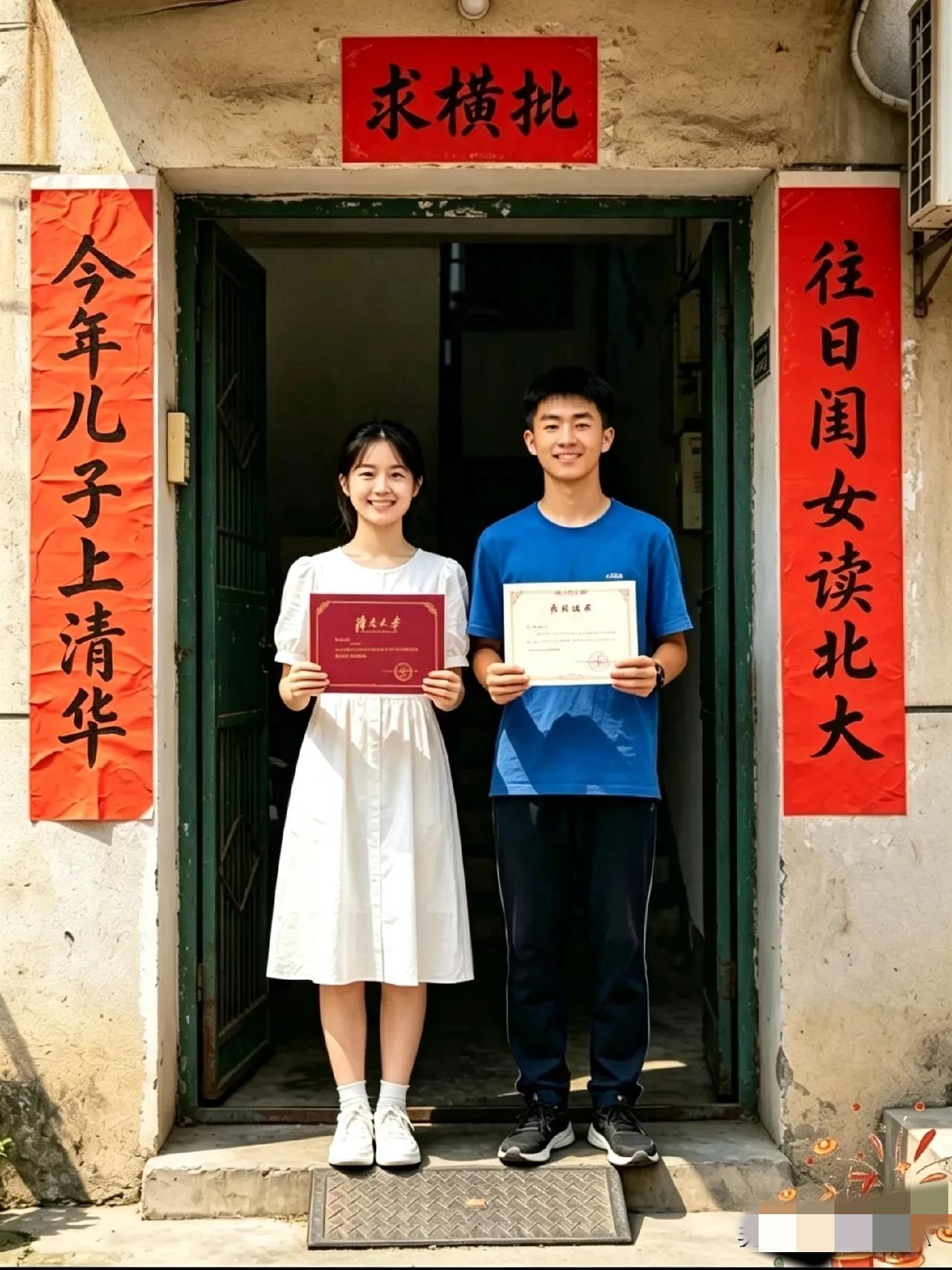 重庆有一家哥哥和妹妹都考上大学，爸爸很开心，写了副对联贴出门口，可惜横批空置着，