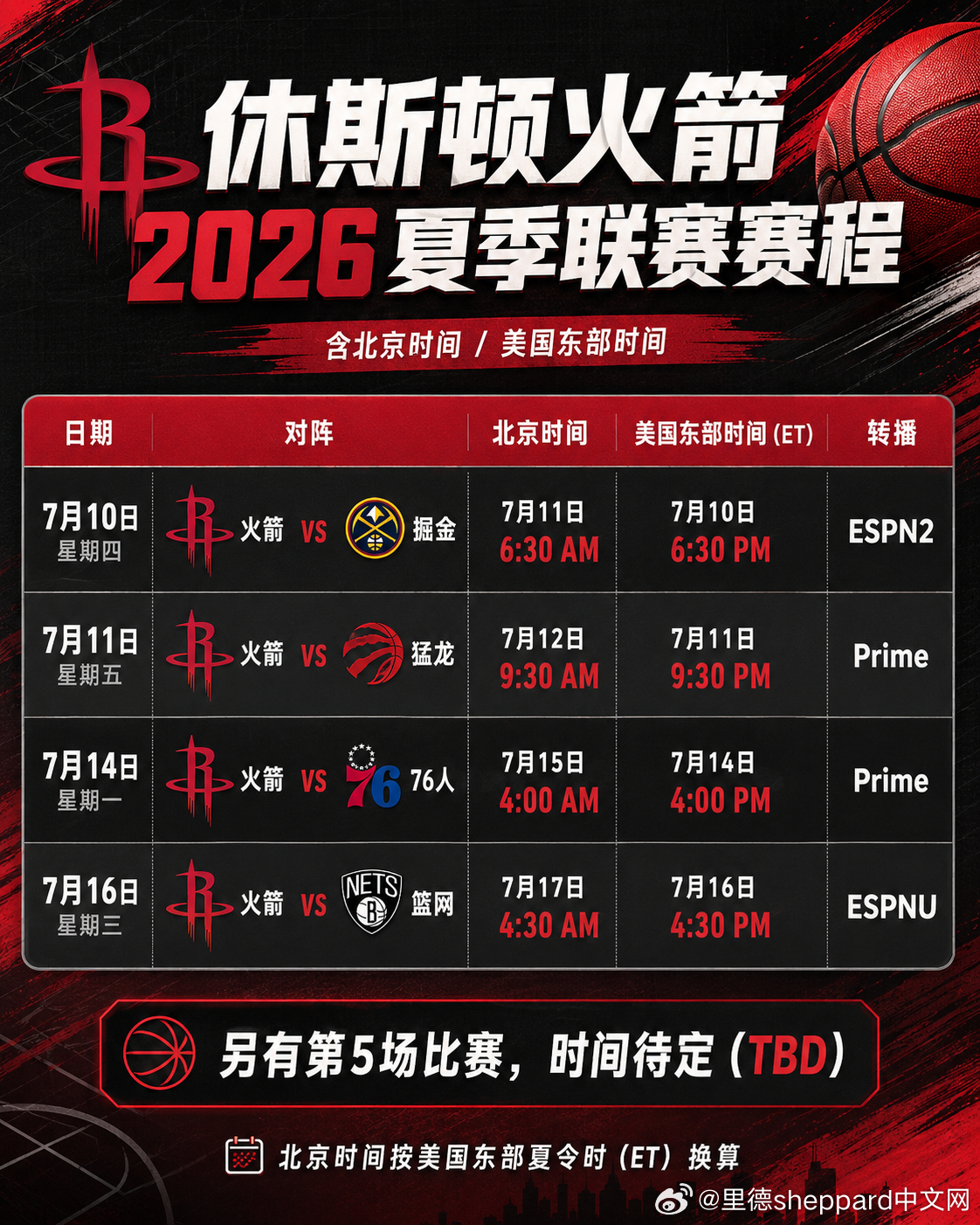 火箭🚀2026夏季联赛赛程出炉休斯顿火箭