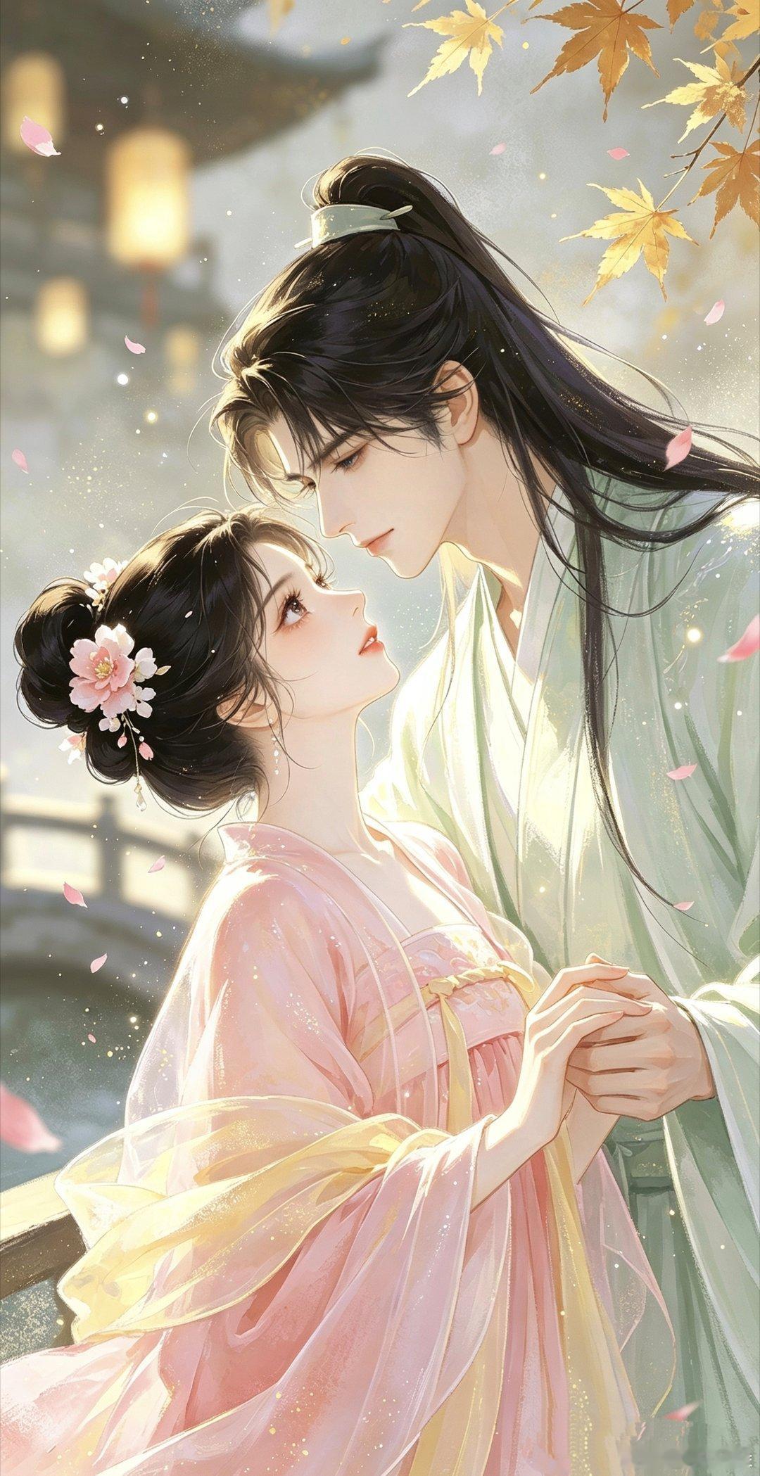 高甜古风情侣插画壁纸 
