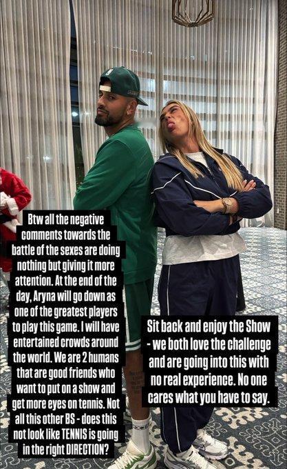 尼克·克耶高斯回应了对他与阿瑞娜·萨巴伦卡即将开始的“性别大战”比赛的批评：
“