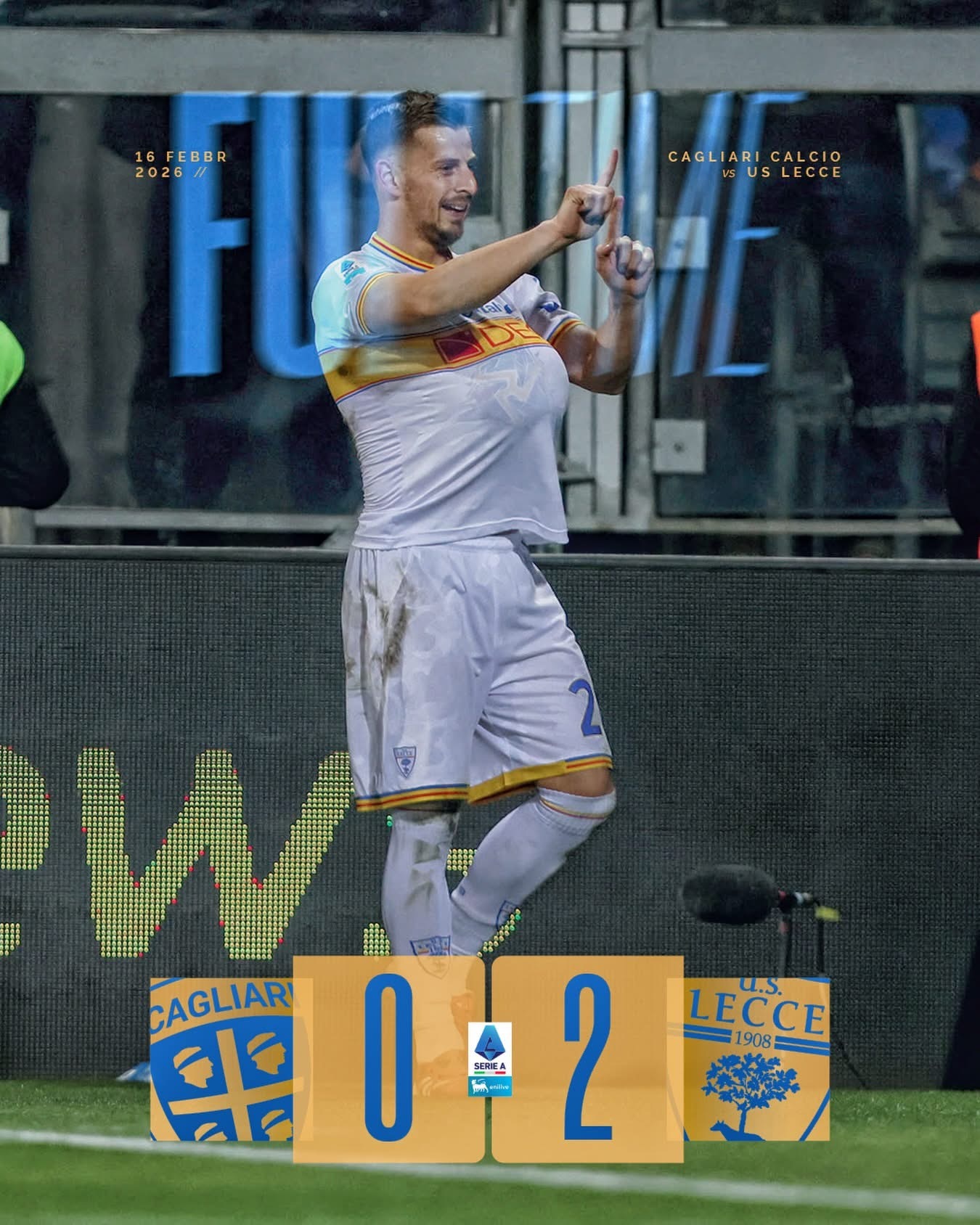 兩個來自中場球員嘅入波，萊切擊敗卡利亞里。意大利球證指派員洛基都有喺現場睇比賽，