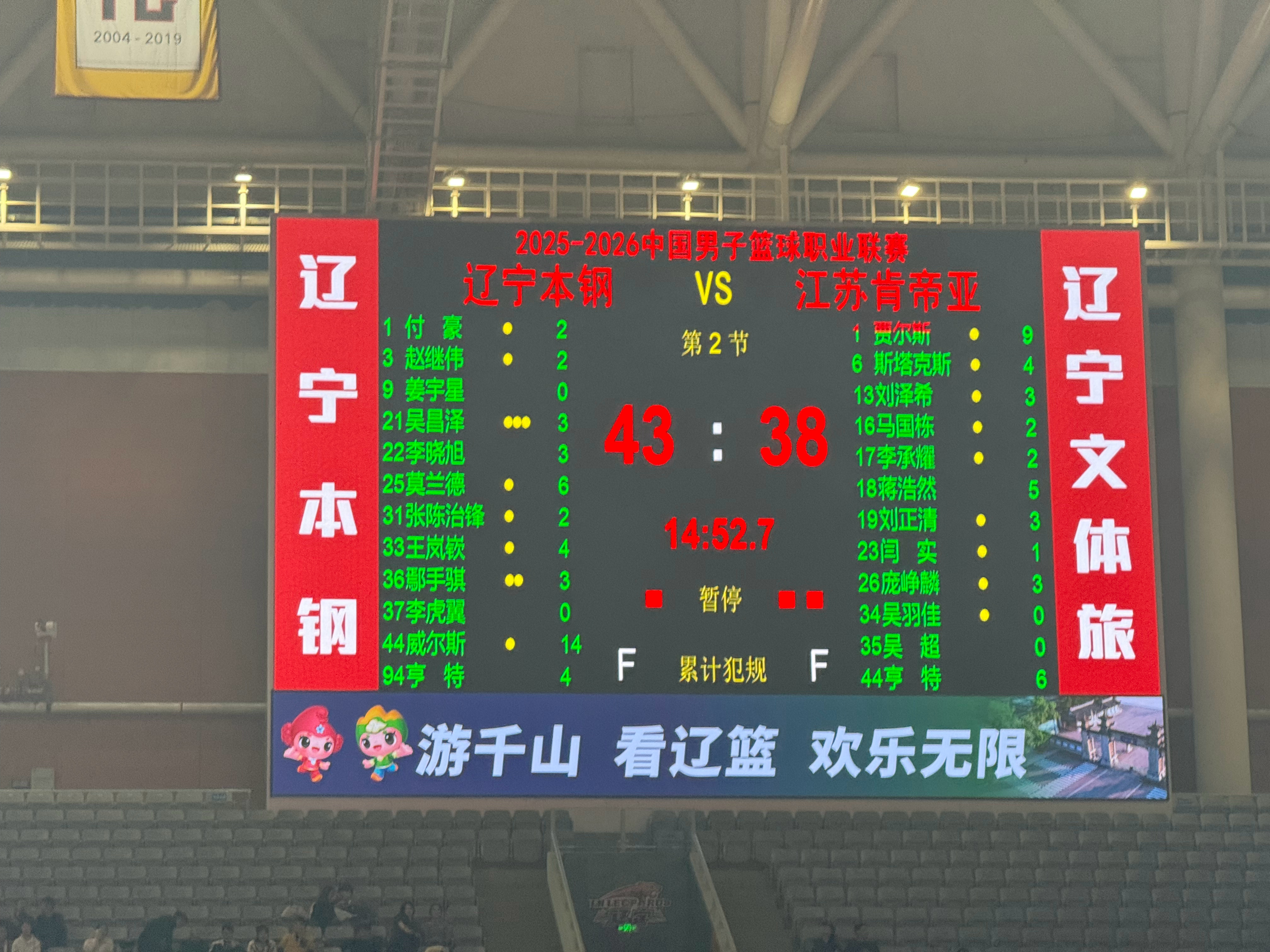 辽宁男篮vs江苏男篮 半场领先5分 