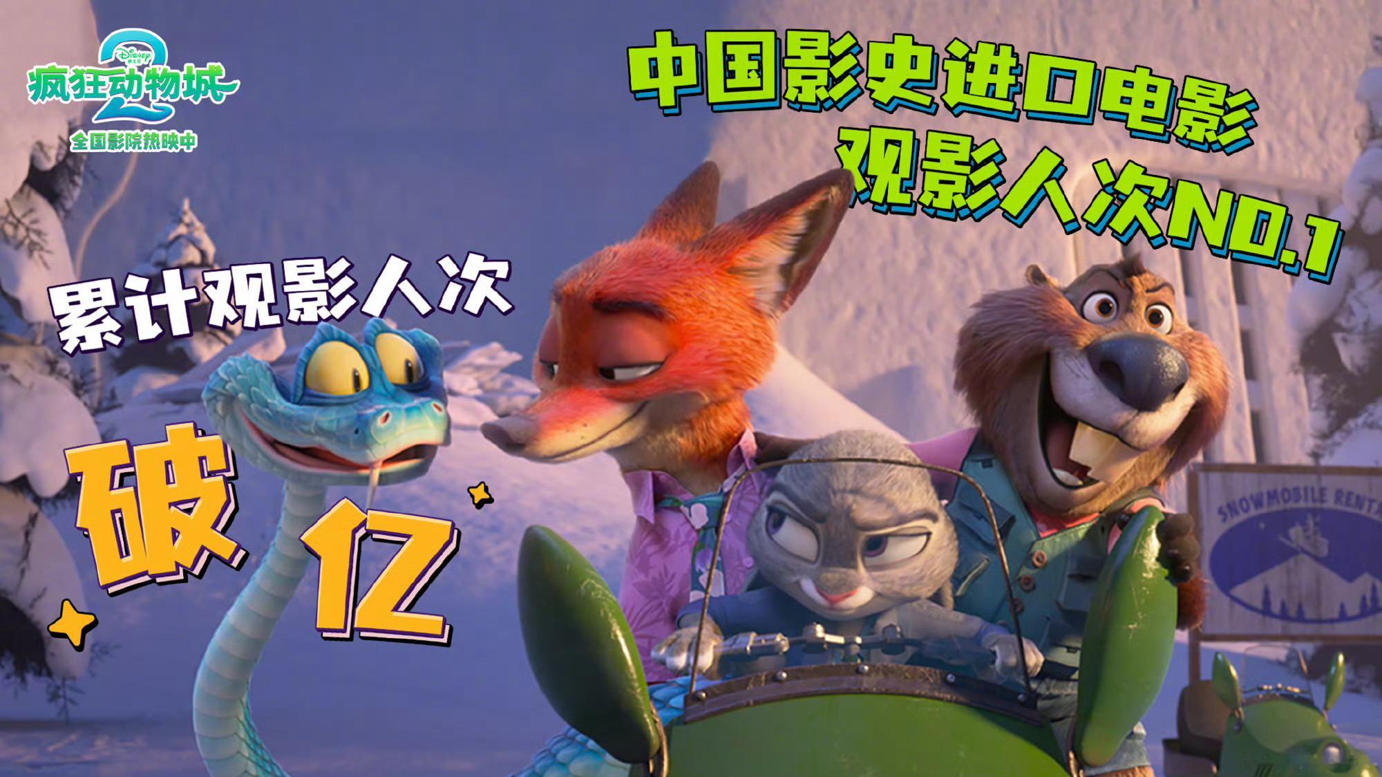 疯狂动物城2影史首部人次破亿进口电影 电影疯狂动物城2 上映33天，观影人次破亿